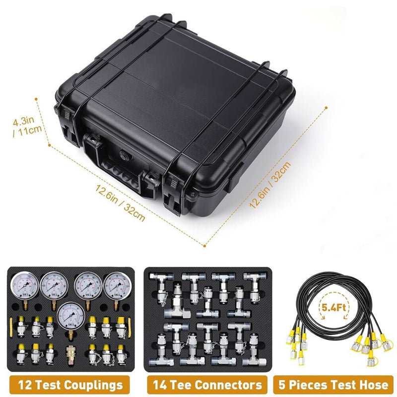 Hydraulic Pressure Test Kit 5 Gauges 13 Couplings 14 Connectors 5 Hoses 14 Tee