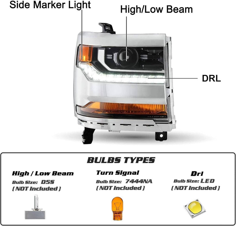 Pair Chrome Headlights for Chevy Silverado 1500 2016-2018 HID Xenon Headlamps 2