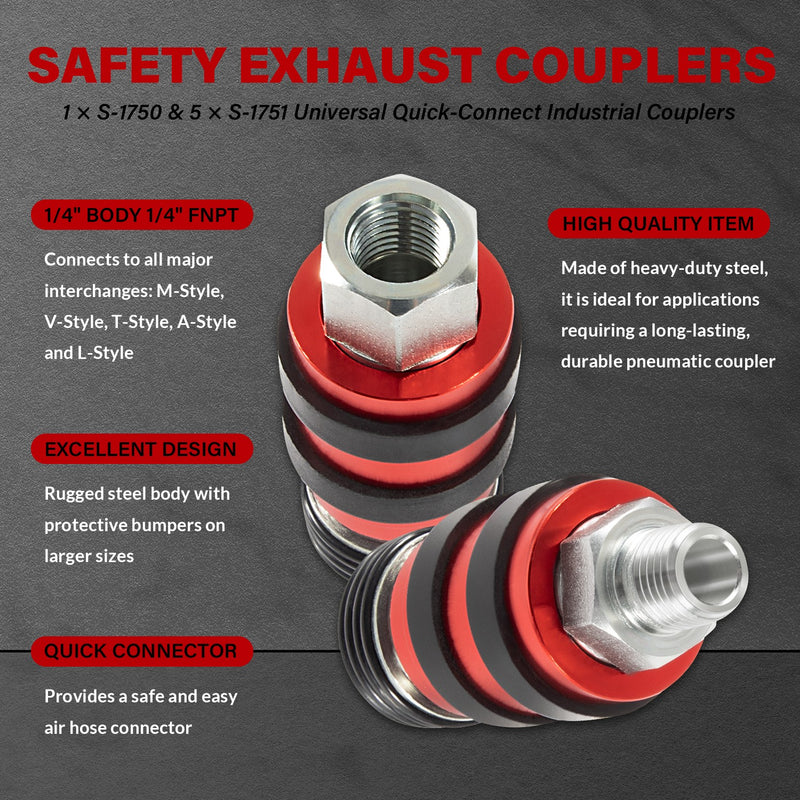 S-1750 S-1751 Universal Quick-Connect Industrial Couplers 1/4 M/FNPT 1/4 Body