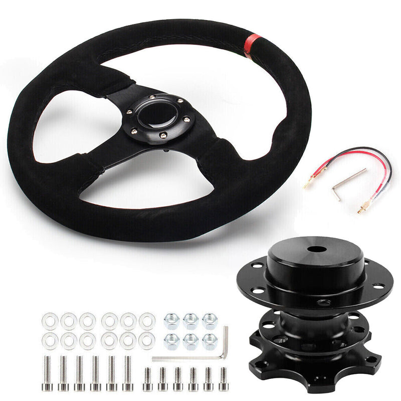 14" 350mm Racing Suede Leather Steering Wheel Horn Button Quick Release Kit