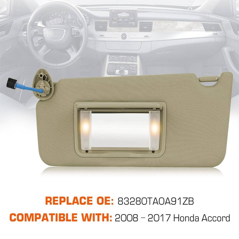 Sun Visor Beige Tan Left Driver Side w/Light Mirror for Honda Accord 2008-2017
