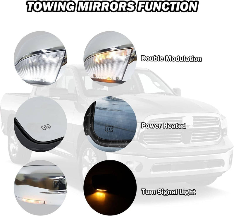 2Pcs Side Mirror Chrome Power Fold Heated Temper Sensor for 2013-2019 Ram 1500