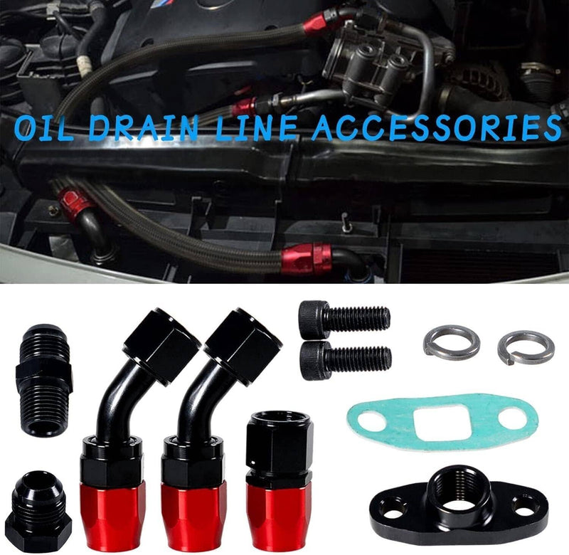Oil Feed Line + 10AN Oil Drain Return Fitting for Turbo T3 T4 T6 GT45 T04E T66