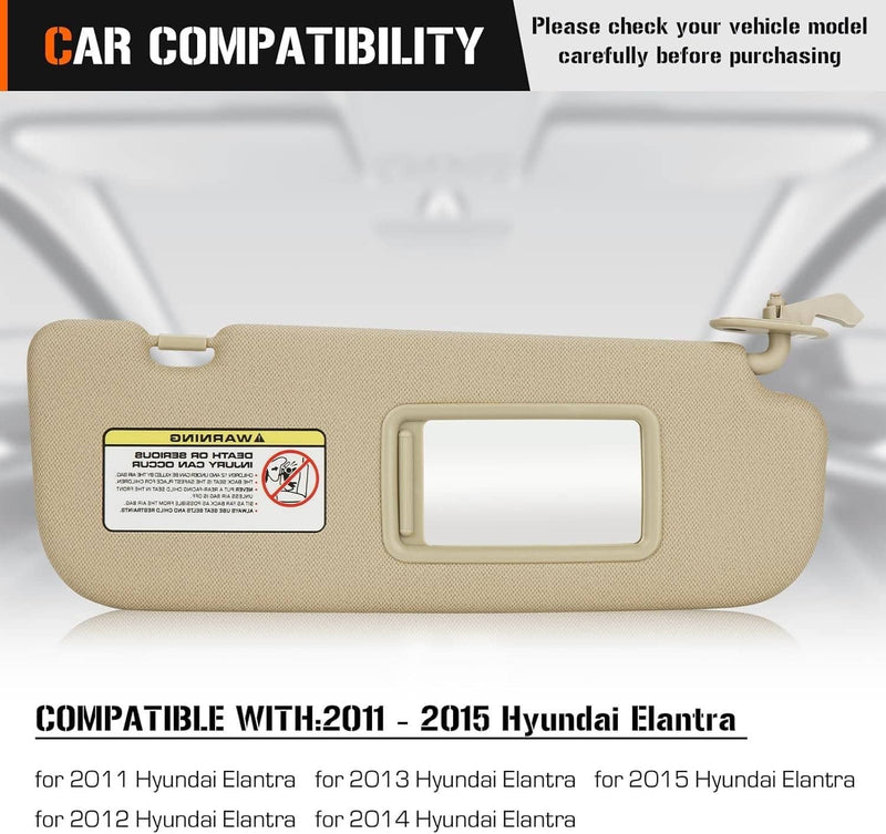 Beige Sun Visor w/Mirror Right & Left Side for 2011-2015 Hyundai Elantra