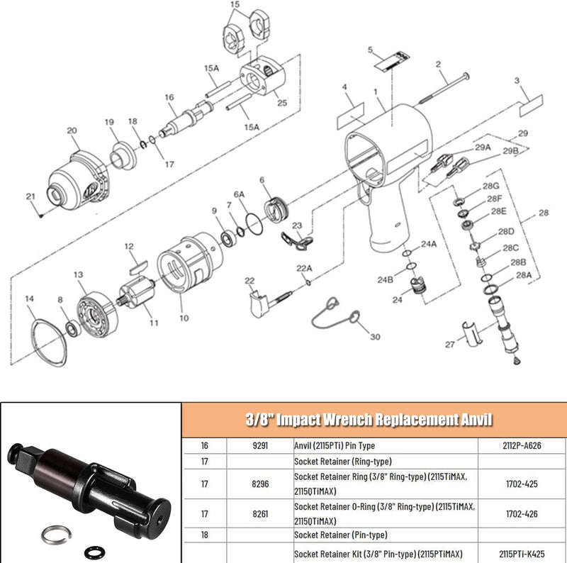 3/8" Impact Wrench Replacement Anvil for Ingersoll Rand IR2112 IR2115 Series