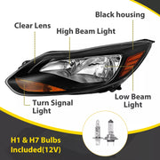 DURAFORCE Black Left Driver Side Headlights Clear Lens Halogen for Ford Focus 2012-2014