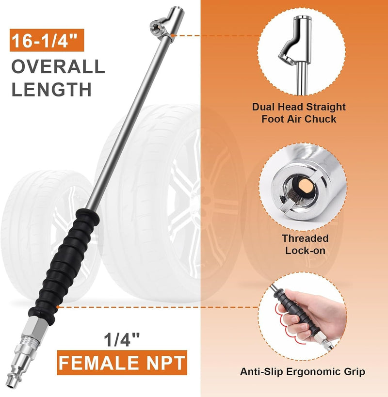 9 Inch Extended Reach Dual Head Air Chuck 2 Way Connection 1/4 FNPT Straight Loc