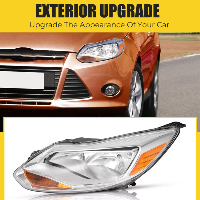 DURAFORCE Clear Lens Halogen Left Driver Side Headlight for Ford Focus 2012-2014 W/Bulb