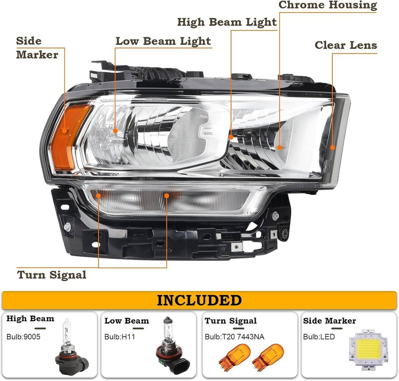 Halogen Chrome Headlight Assy Right Passenger Side for RAM 2500 3500 2019-2024