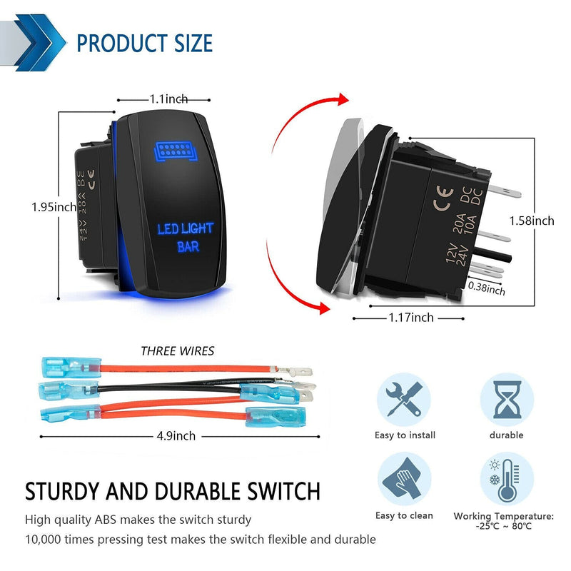 2pcs Blue Rocker Switch Rear Light LED Light Bar Toggle 5 Pin for Car ATV UTV