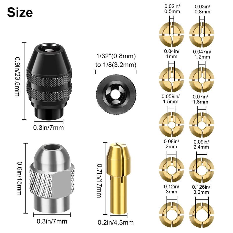 15PCS Drill Chuck Collet Set 0.8 3.2mm Shank Replacement for Dremel Rotary Tool