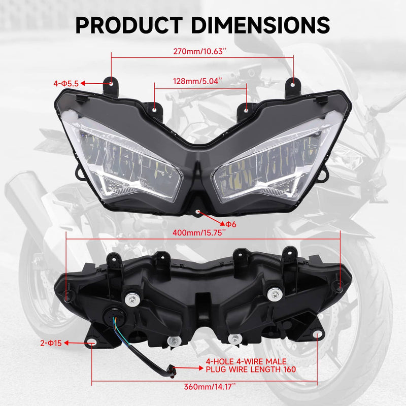 LED Headlight Assembly & Stay Fairing Bracket for Kawasaki Ninja 400 2018-24