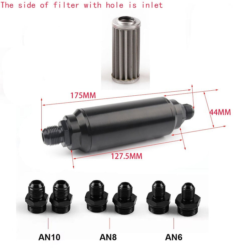 Universal Racing In-Line Fuel Filter AN6 AN8 AN10 Adapter 40 Micron Cleanable