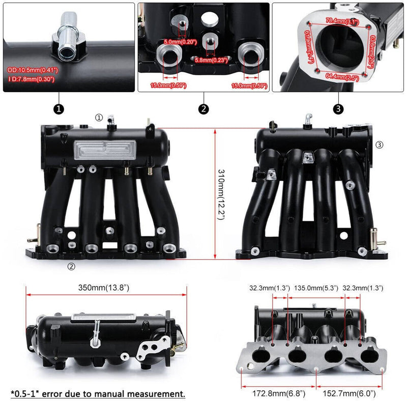 Black Intake Manifold for 1988-2000 Honda Civic Del Sol D15A2 D16Y8 D-Series