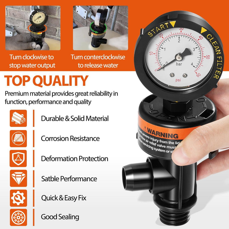 98209800 High Flow Manual Air Relief Valve With Gauge for Pentair Pool Filters