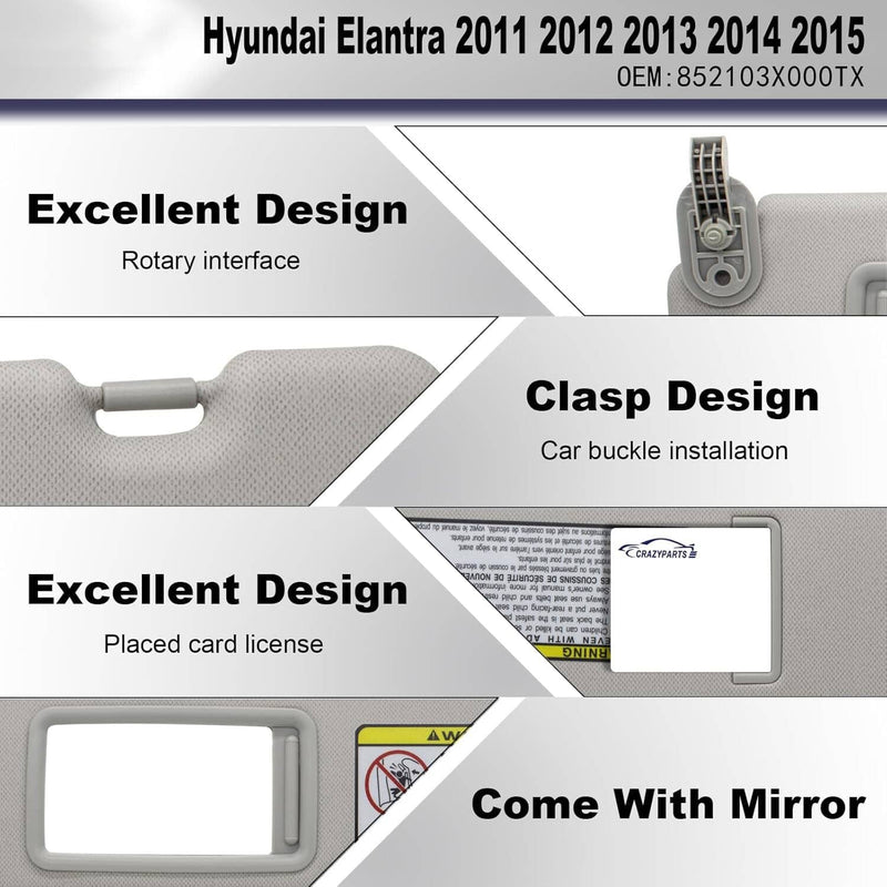 Grey Sun Visor Makeup Mirror Left Driver Side for Hyundai Elantra MD 2011-2016