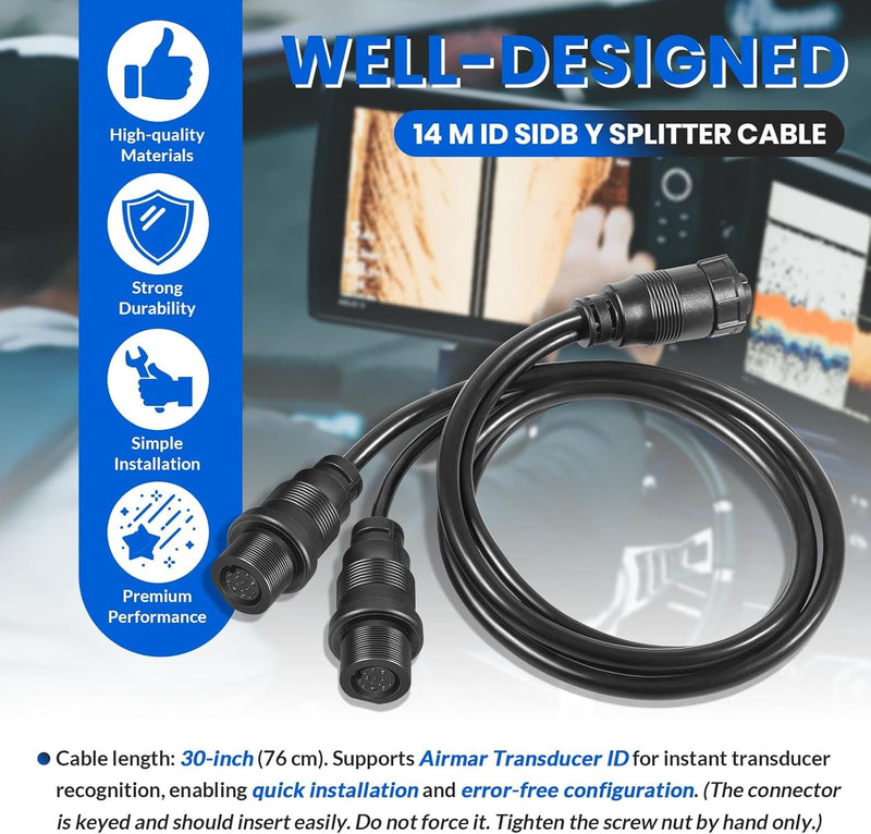 720111-1 14 M ID SIDB Y Splitter Cable for Humminbird SOLIX And APEX Fish Finder