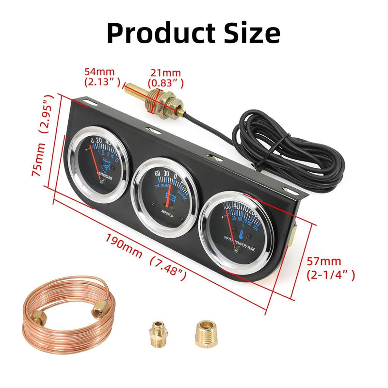 Black 2" 52mm Car 3 in 1 Triple Gauge Set Kit AMP Water Temp Oil Pressure