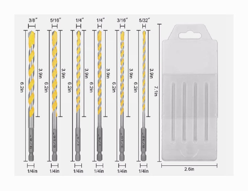 Masonry Concrete Drill Bit Set 1/4 Inch Hex Shank Carbide Tips 3/8 5/32