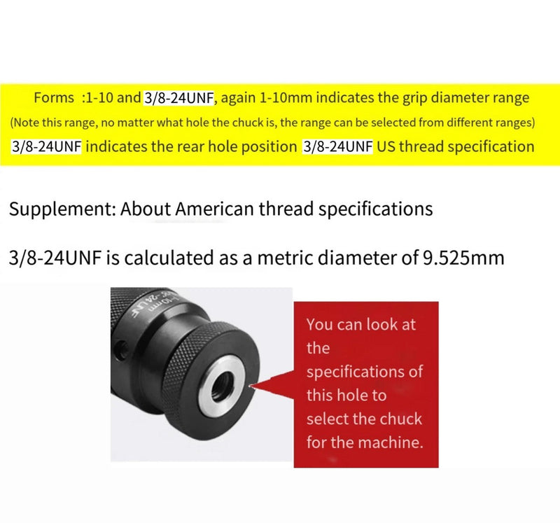 Heavy Duty Keyless Drill Press Chuck 1-10mm 3/8-24UNF Mount Replaces