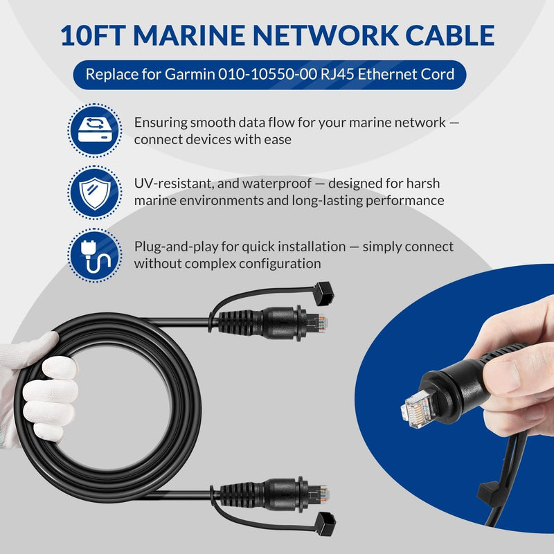 010-10550-00 Marine Network Cable for Garmin 10FT Durable RJ45 Ethernet Cord