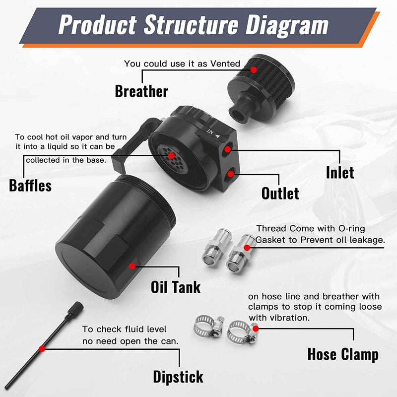 Black Oil Catch Can Kit Reservoir Baffled Tank with Breather Filter Universal