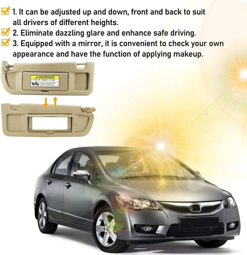 Beige Sun Visor Left and Right Kit for Honda Civic 2006-2011 1 Set