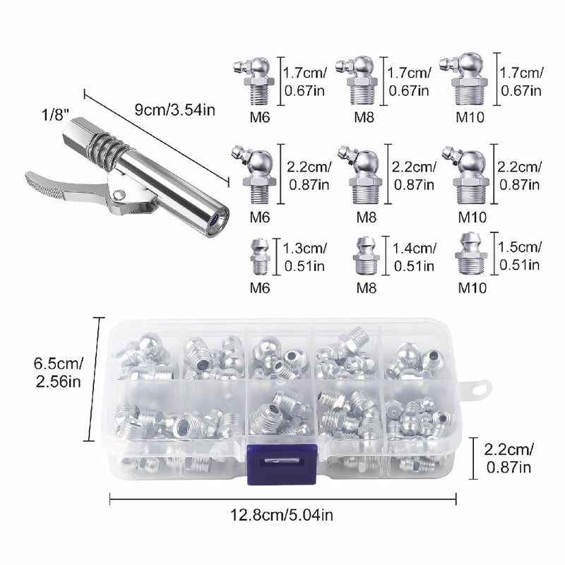 60Pcs Grease Fittings Assortment with Grease Gun Coupler Zerk Grease Fittings K
