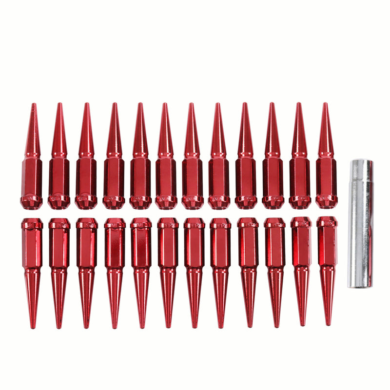24 PCS Spike Lug Nuts 14x1.5 Red for Chevy Silverado Tahoe 4.4" Tall With Key