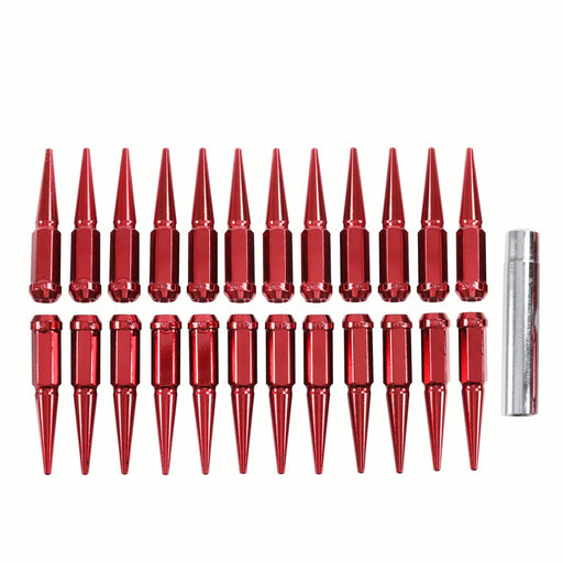DURAFORCE 24 PCS Spike Lug Nuts 14x1.5 Red for Chevy Silverado Tahoe 4.4" Tall With Key