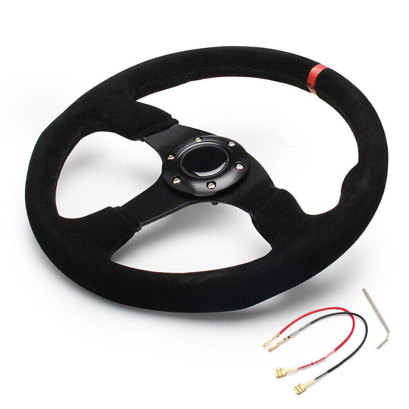 14" 350mm Racing Suede Leather Steering Wheel Horn Button Quick Release Kit