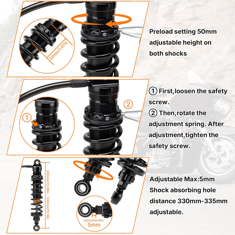 Upgraded 13" Remote Reservoir Rear Suspensions Shocks for Harley Touring