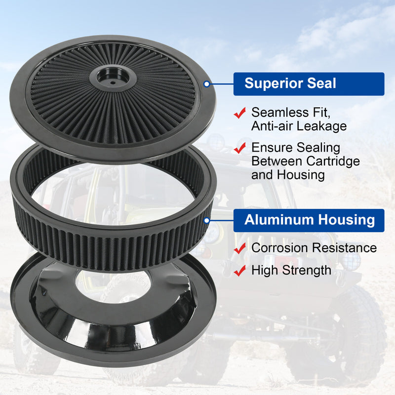 14" X 3" Black Round High Flow Washable Air Cleaner Drop Base for SBC BBC