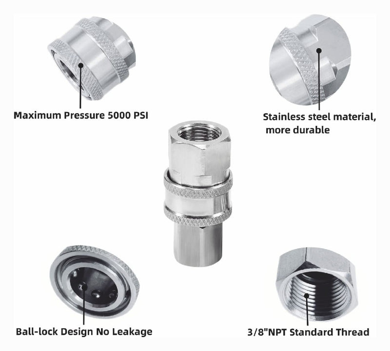 5000PSI Pressure Washer Quick Connect Fitting Stainless Steel 3/8 Inch Hose Adap