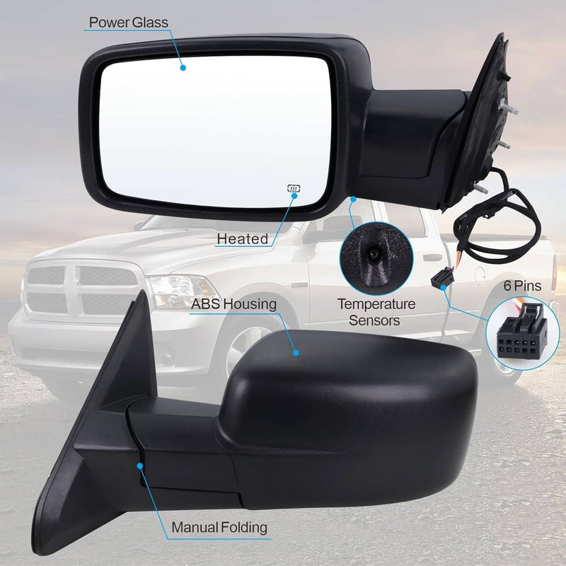 Left Driver Manual Fold Heated Temp Sensor Mirror for Dodge Ram 1500 2013-19
