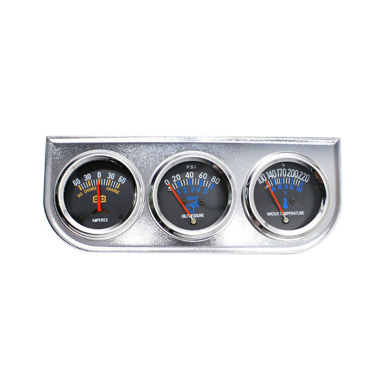 2" 52mm Chrome Car Triple Gauge Set Kit Amp Meter Water Temp Oil Pressure 3in1
