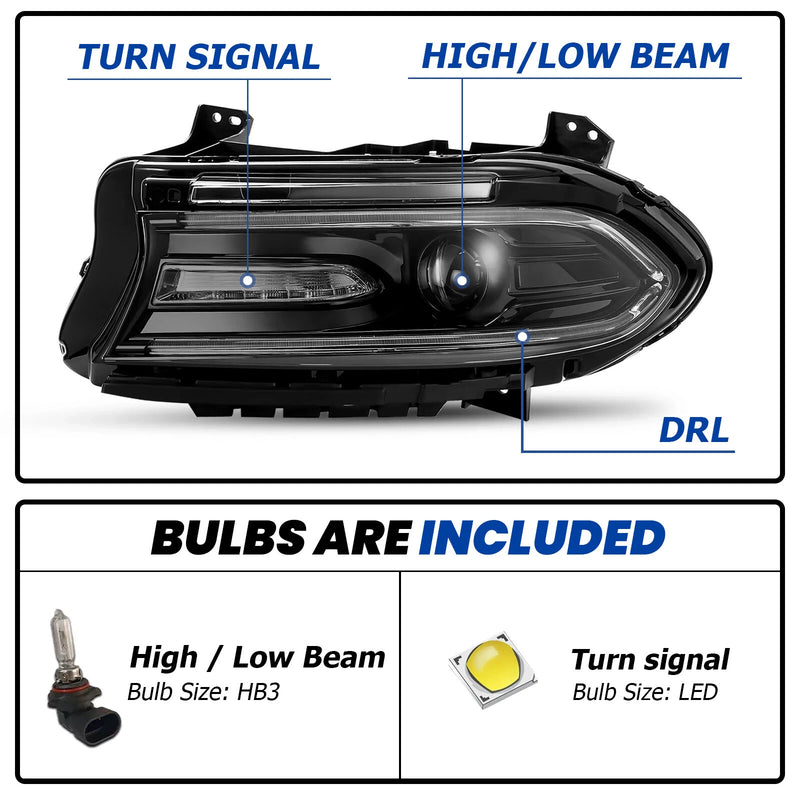 Left Driver Side Headlight Projector Assembly for Dodge Charger 2015 2023 Black
