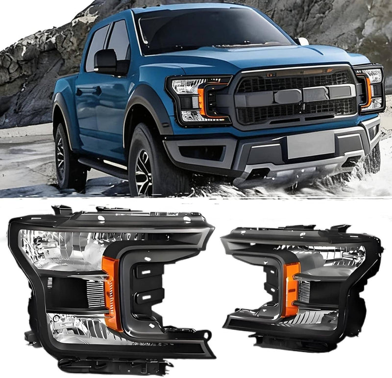 Halogen Headlights Black Clear Right+Left for 2018-2020 Ford F150