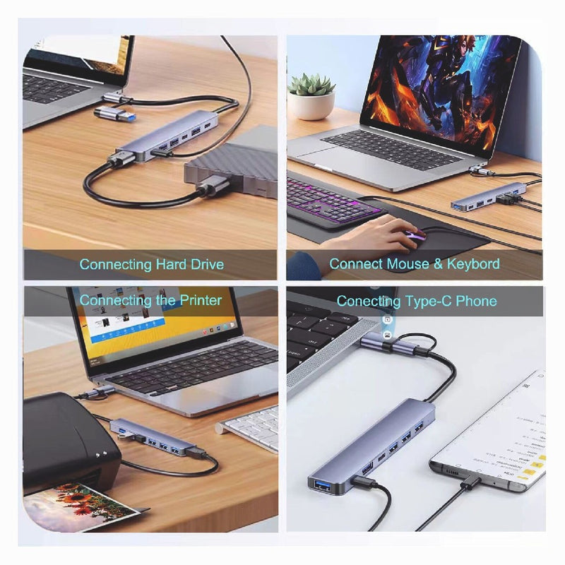 Adapter USB C HUB Type 7 8 Port 5G Speed Multi USB Splitter for PC Laptop Macboo