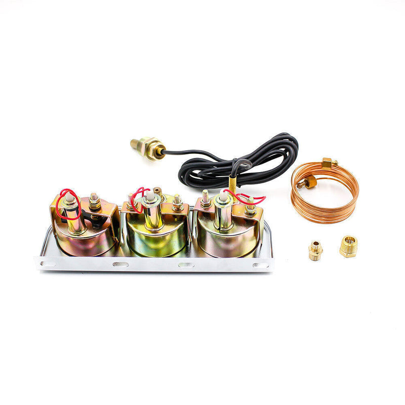 2" 52mm Chrome Car Triple Gauge Set Kit Amp Meter Water Temp Oil Pressure 3in1