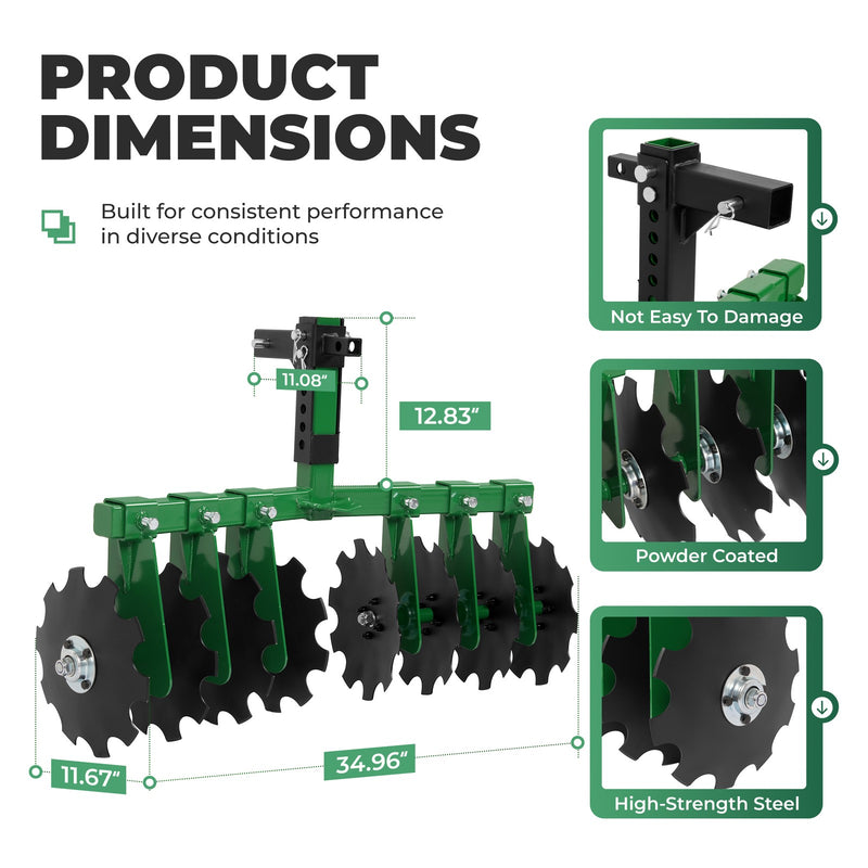 Disc Harrow Plow 35" for ATVs UTVs Garden Tractors 2" Receiver Hitch 8 Blades