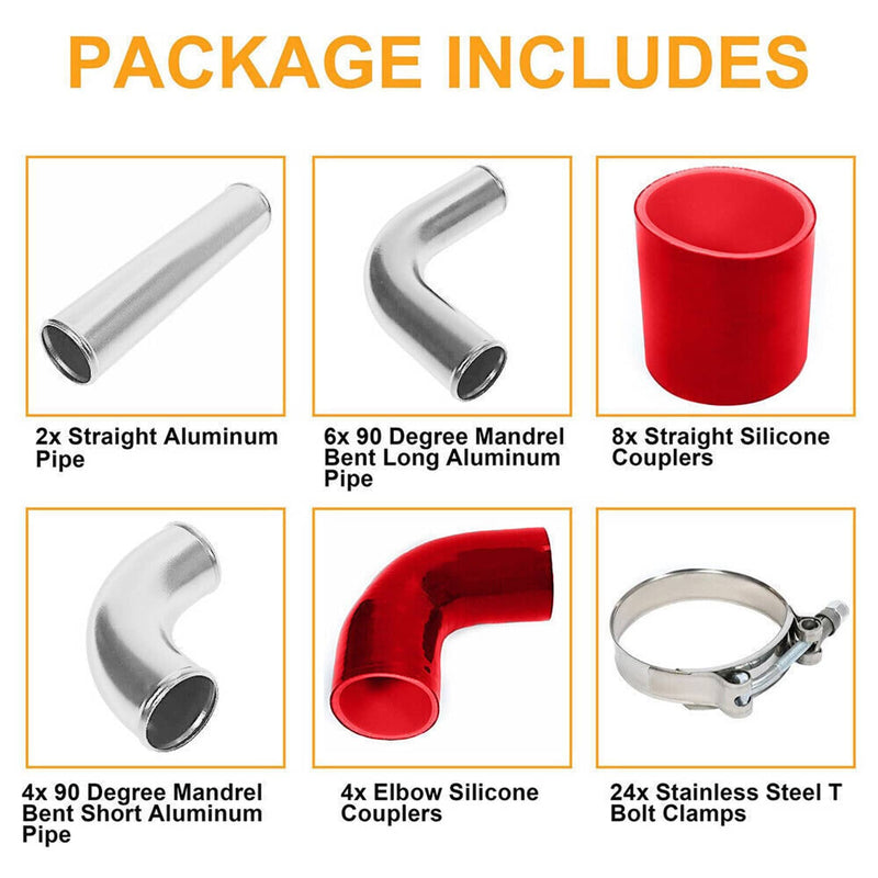 3" DIY Polished Intercooler Piping U Pipe Red Silicone Coupler Clamp Kit
