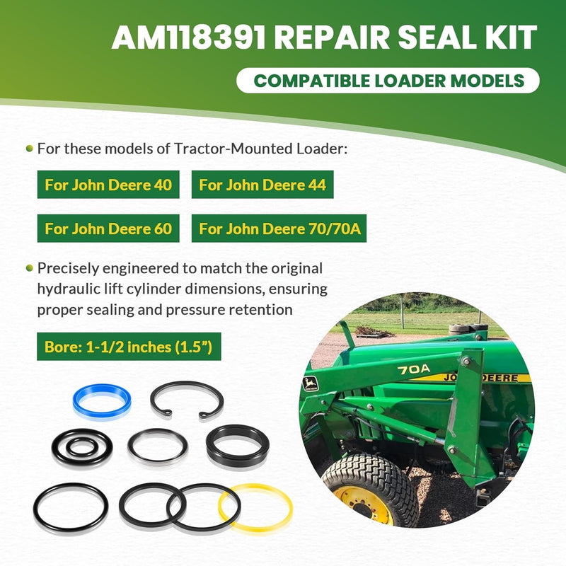 AM118391 Cylinder Seal Kit for John Deere 40 44 60 70 70A Loader 1-1/2” Bore