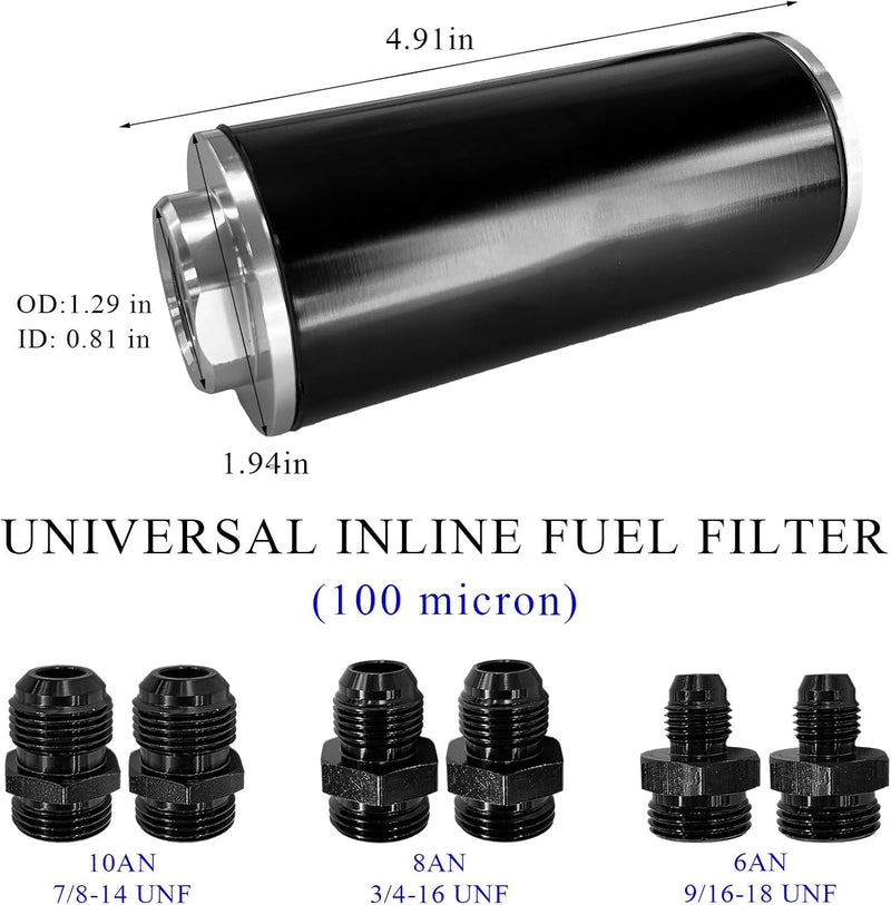 Inline Fuel Filter 100 Micron High Flow Cleanable 6AN 8AN 10AN Adapter Universal
