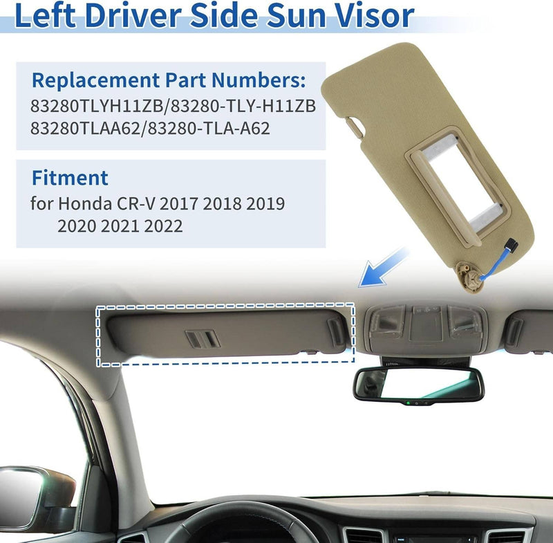 Left Driver Side Sun Visor Beige with Mirror Light for Honda CR-V CRV 2017-2022