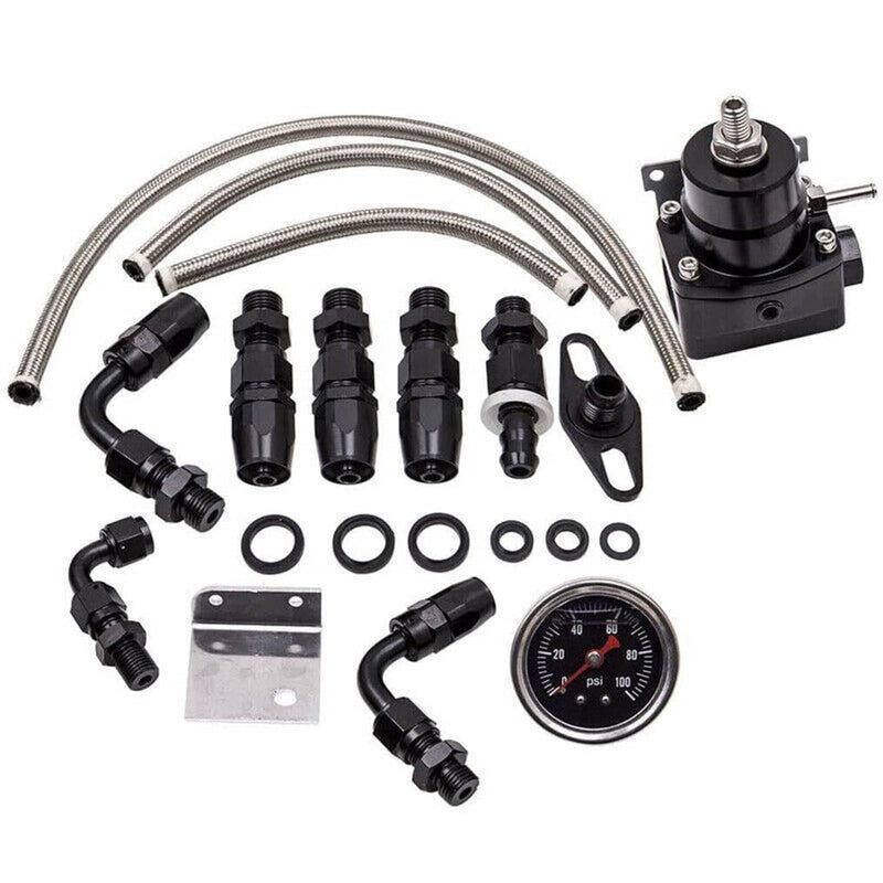 Universal Adjustable Fuel Pressure Regulator Kit 100psi AN6 Fitting Black