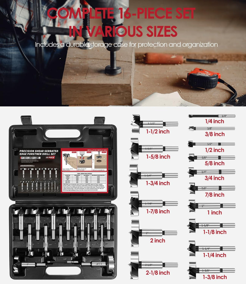 1/4" To 2-1/8" Forstner Bit Set for Woodworking Drill Press Handheld Drills