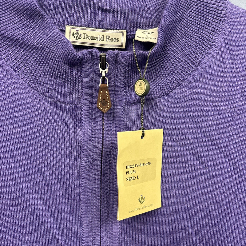 Sleeveless 1/4 Zip Vest For Donald Ross Men's L Plum 100 Percent Merino Wool