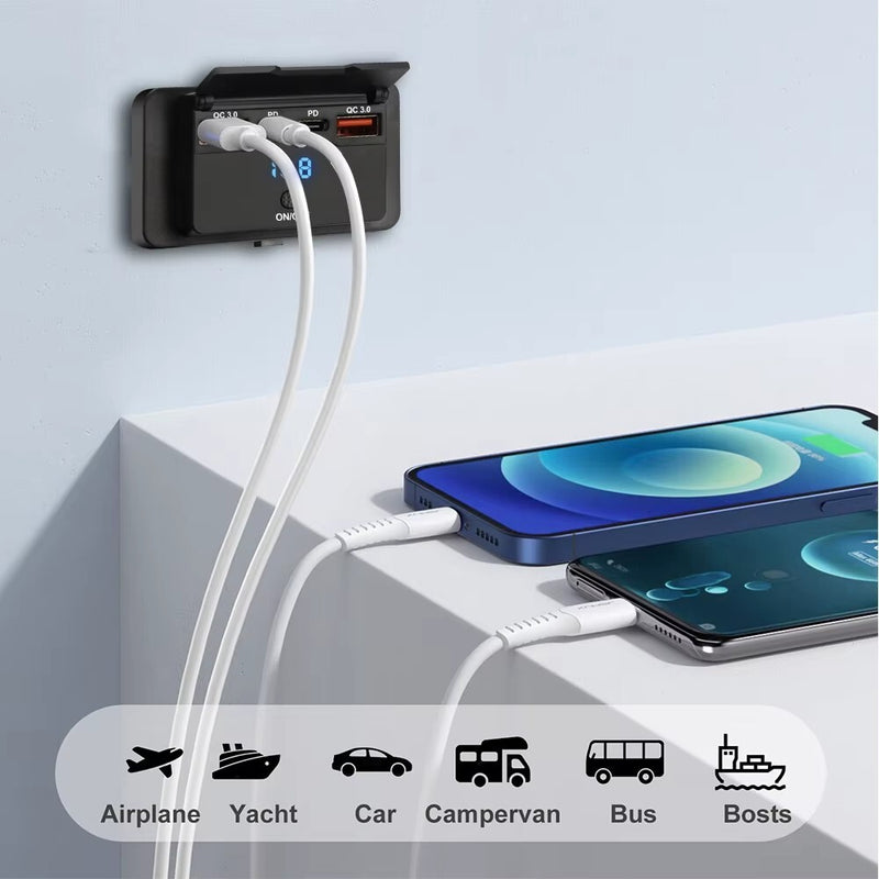 QC3.0 & PD Car Charger Socket Panel LED Voltmeter USB Power Outlet 12-24V for RV