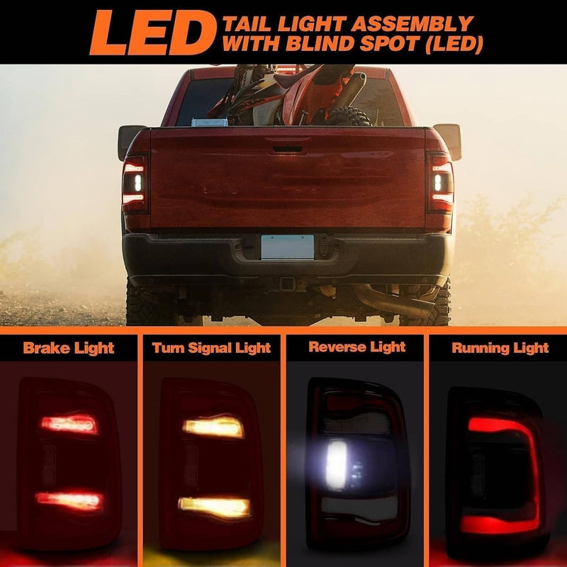 2Pcs LED Tail Lights w/Blind Spot for Dodge RAM 2500 3500 2019-2024 Black Bezel